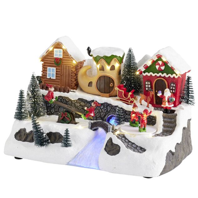 Village de No&euml;l anim&eacute; LED sc&egrave;ne lutins 28,5x19xH18cm