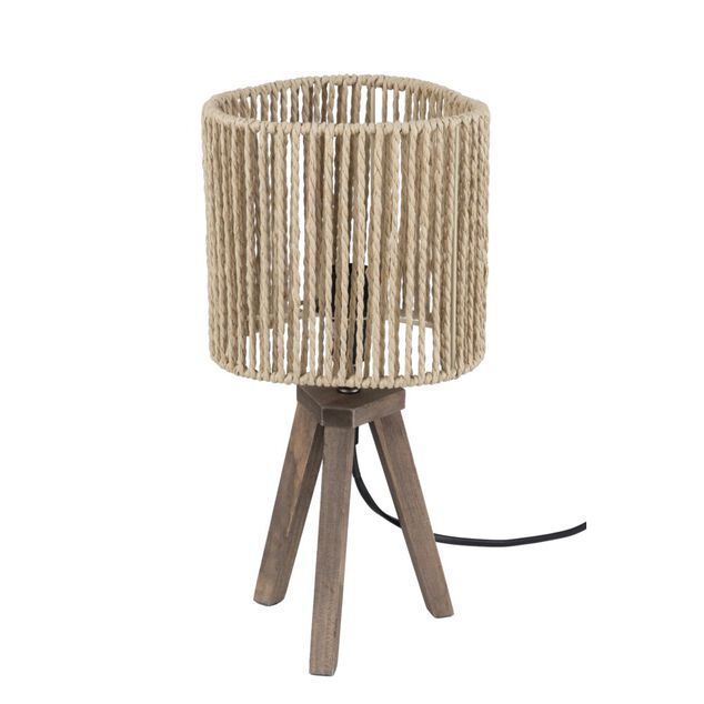 Lampe &agrave; poser tr&eacute;pied bois abat-jour papier tress&eacute; &Oslash;16xH32,5cm