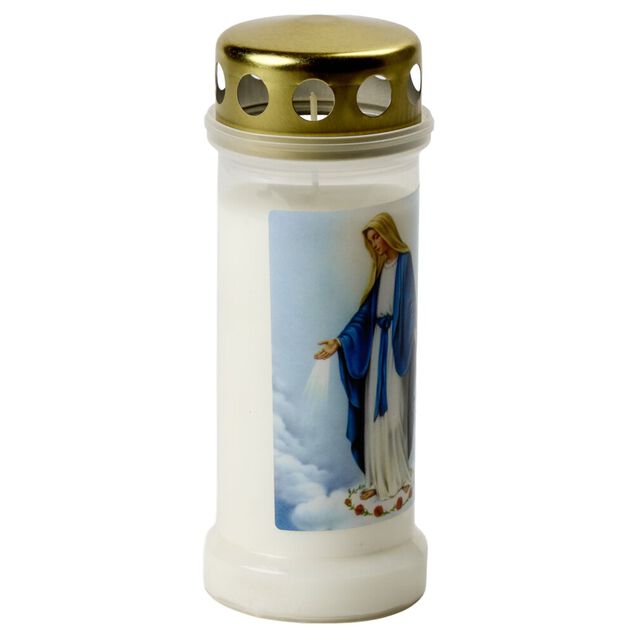 Bougie religieuse cire Vierge Marie plastique blanc &Oslash;6,5xH17cm