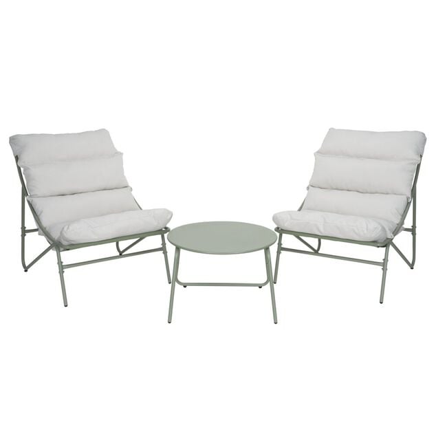 Ensemble salon de jardin 2 personnes Oslow m&eacute;tal vert sauge et coussins gris clair