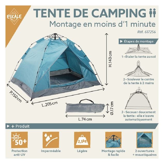Tente de camping 2 personnes imperm&eacute;able UV50+ 205x150xH143cm