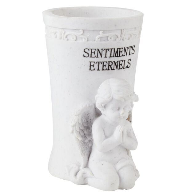 Ange fun&eacute;raire avec vase &agrave; fleurs H18 cm r&eacute;sine blanc