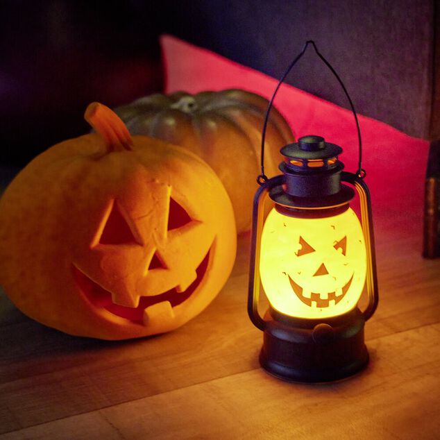 Lanterne LED Halloween t&ecirc;te citrouille orange et noire &Oslash;12xH20,5cm