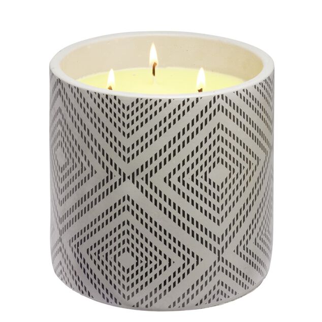 Bougie citronnelle dans pot de ciment imprim&eacute; losange style ethnique