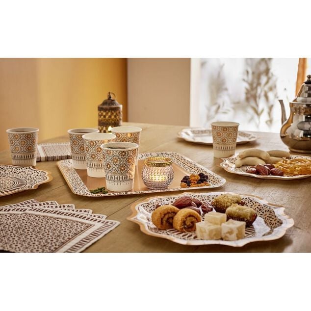 Lot de 6 assiettes en carton &Oslash;26cm d&eacute;cor oriental blanc et dor&eacute;