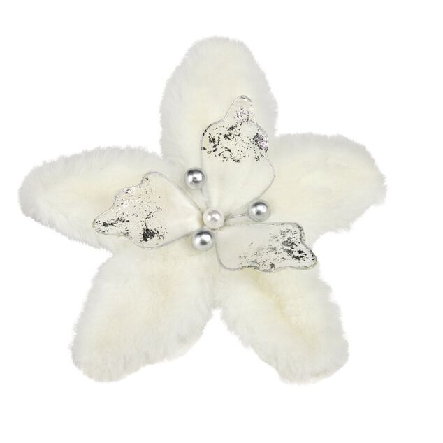 Fleur de No&euml;l poinsettia effet fourrure blanc &Oslash;15cm