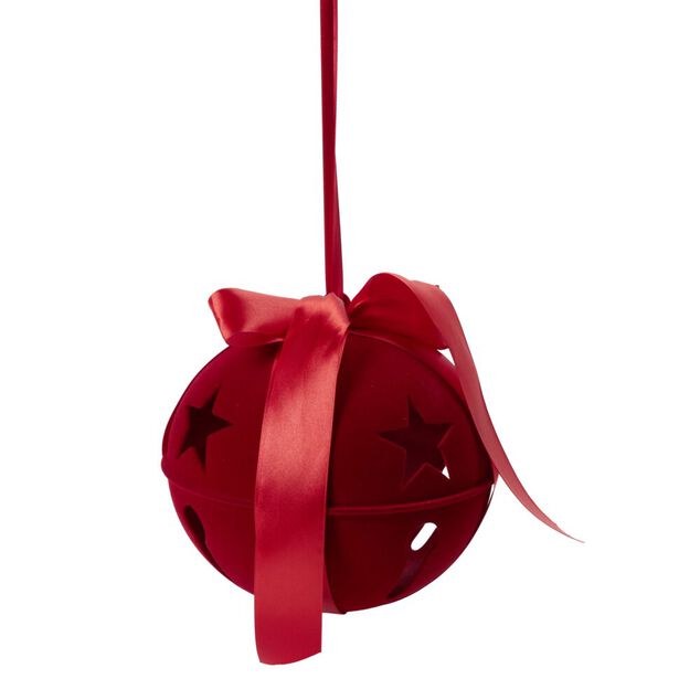 Boule de No&euml;l forme grelot floqu&eacute; avec noeud polyester 21X21XH17 cm rouge