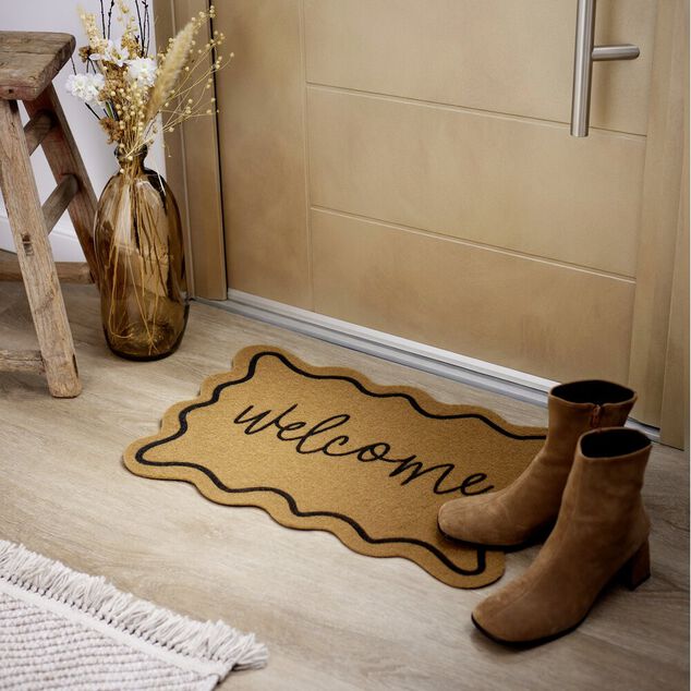Paillasson ext&eacute;rieur contour vague inscription Welcome marron et noir 40x60cm