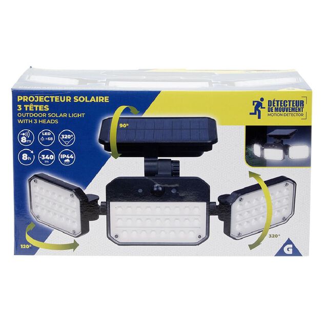 Lampe solaire triple LED 340 lumens projecteur d&eacute;tecteur de mouvement