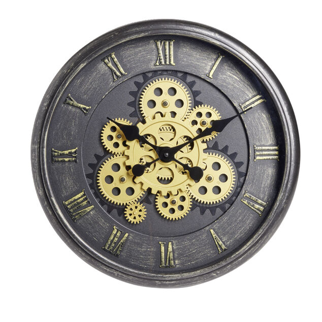 Horloge ronde motif engrenage plastique noir et doré Ø40cm