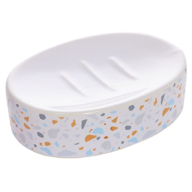 Porte-savon c&eacute;ramique motif terrazzo blanc et bleu 13x8,5xH3cm