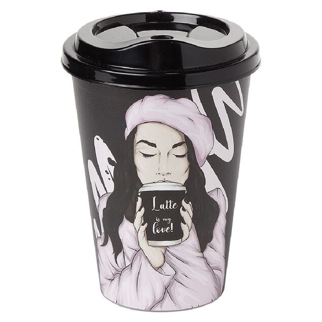 Mug &agrave; motifs couvercle noir 500ml - plastique &Oslash;9xH14cm
