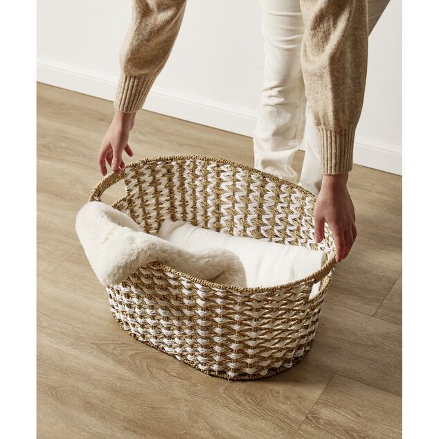 Pani&egrave;re &agrave; linge 41L 58xH28x43cm jonc de mer beige et blanc