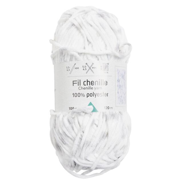 Pelote de fil &agrave; tricoter chenille blanc 120m