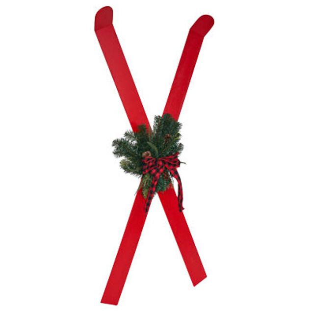 Décoration à poser ski bois rouge x2