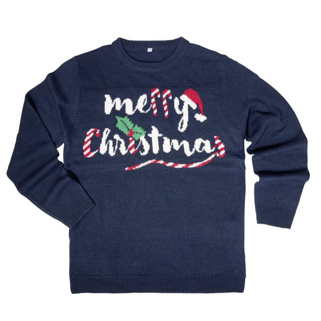 Pull de No&euml;l adulte "Merry Christmas" bleu marine S/M ou L/XL
