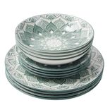 Service &agrave; vaisselle 12 pi&egrave;ces c&eacute;ramique opale motif mandala vert et blanc
