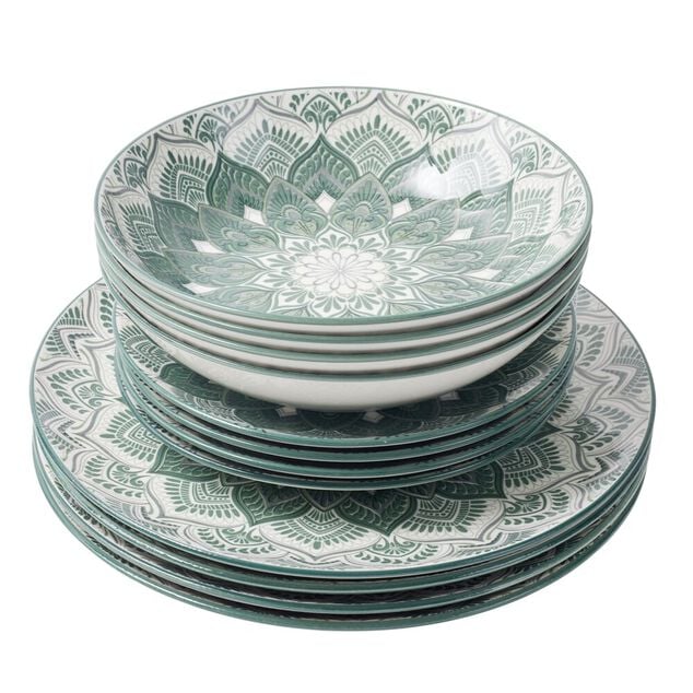 Service &agrave; vaisselle 12 pi&egrave;ces c&eacute;ramique opale motif mandala vert et blanc