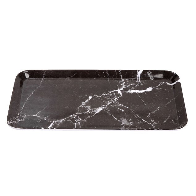 Plateau rectangulaire m&eacute;lamin&eacute; effet marbre gris et blanc 19x30cm