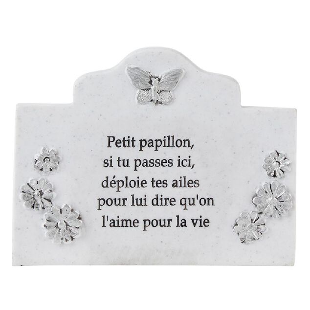 Plaque fun&eacute;raire + pot de fleur motif fleur papillon r&eacute;sine blanc
