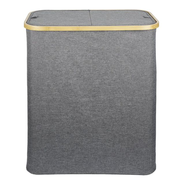 Coffre &agrave; linge double 50L bambou et tissu gris