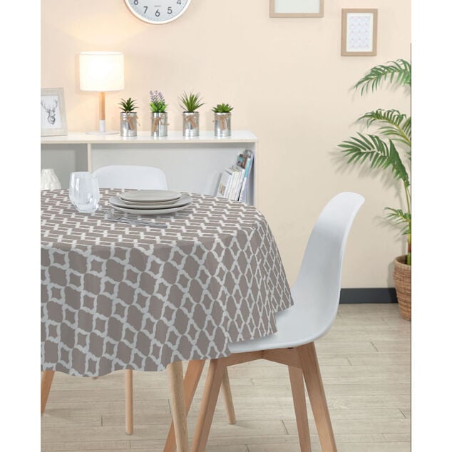 Nappe ronde toile cir&eacute;e blanche et taupe design graphique