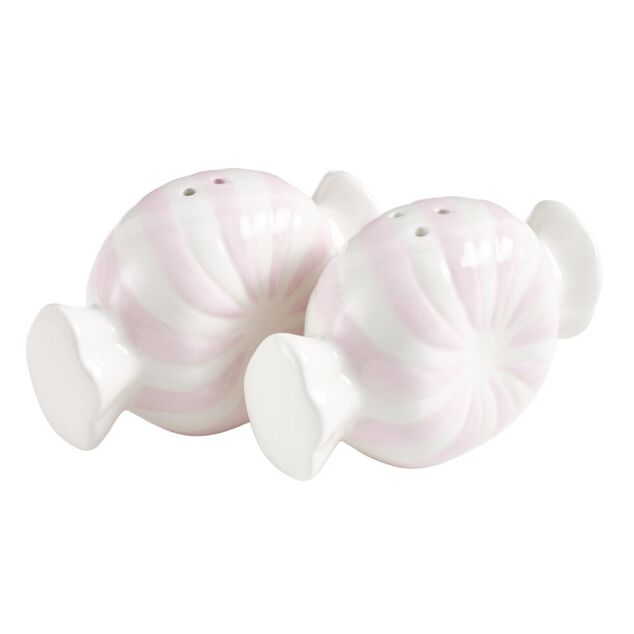 Sali&egrave;re et poivri&egrave;re forme bonbon dolomite rose et blanc 10,5x5,5xH8cm