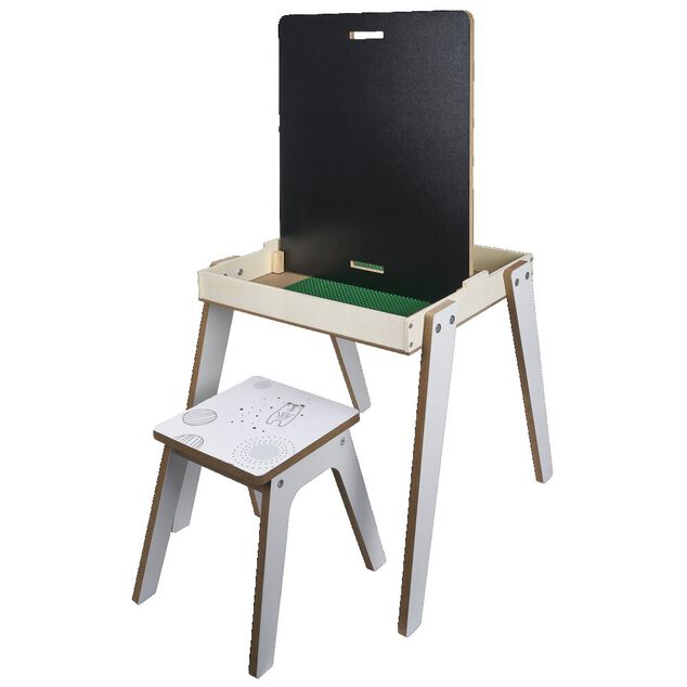 Bureau enfant modulable 3en1 tableau noir bois blanc et tabouret