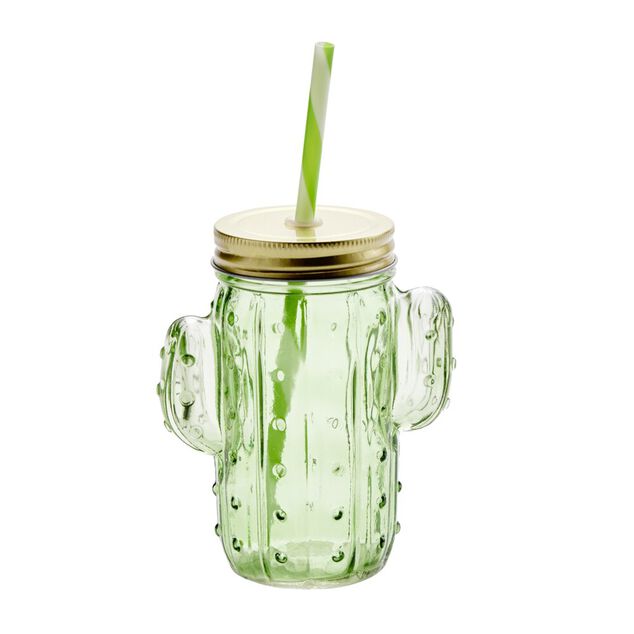 Gobelet en verre avec paille 500ml forme cactus vert H14,5cm