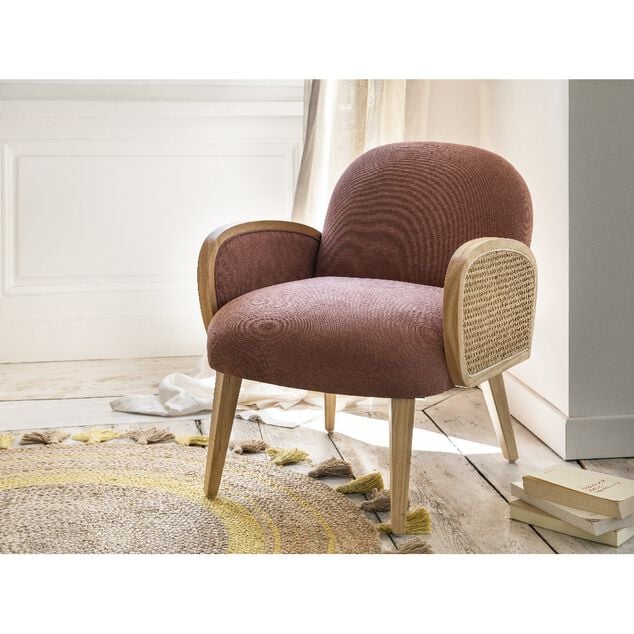Tapis tiss&eacute; rond avec pompons naturel et jaune