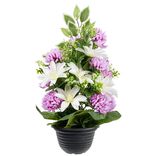 Jardini&egrave;re chrysanth&egrave;me et cl&eacute;matite artificiel rose et blanc H44cm