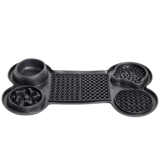 Tapis gamelle chien léchage et anti glouton forme os noir 37,8x22,3xH4cm