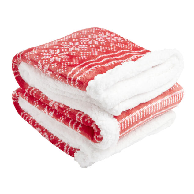 Plaid sherpa No&euml;l motif traditionnel flocon rouge et blanc 120x150cm