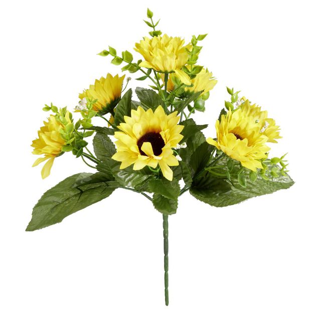 Bouquet fleurs artificielles eucalyptus/gypsophile/tournesol 7 t&ecirc;tes H29cm