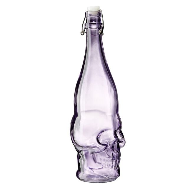 Bouteille en verre Halloween 1L forme cr&acirc;ne violet bouchon m&eacute;tal
