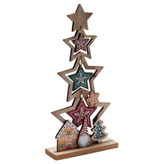 D&eacute;coration sapin en bois forme &eacute;toile avec gnome 12xH26cm