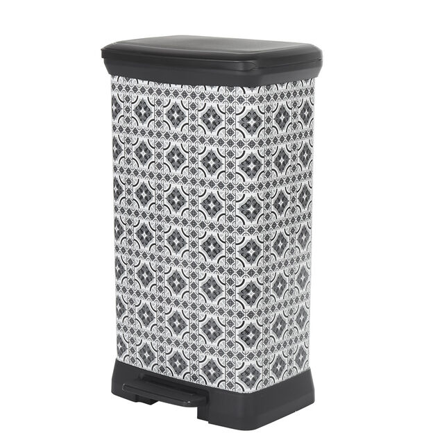 Poubelle &agrave; p&eacute;dale motif carreau de ciment gris et blanc 50 L