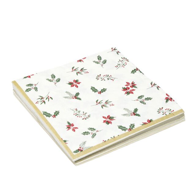 Serviette en papier 3 plis X20 pcs imprim&eacute; houx L33X33 cm blanc liser&eacute; dor&eacute;