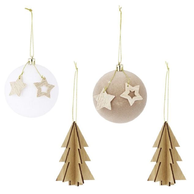 D&eacute;coration &agrave; suspendre boule et sapin en bois x4