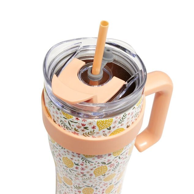 Gourde mug 900ml inox et plastique motif citrons avec paille