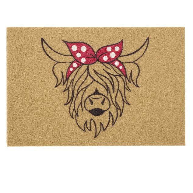 Paillasson motif vache Highland ext&eacute;rieur abrit&eacute; marron et rouge 40x60cm