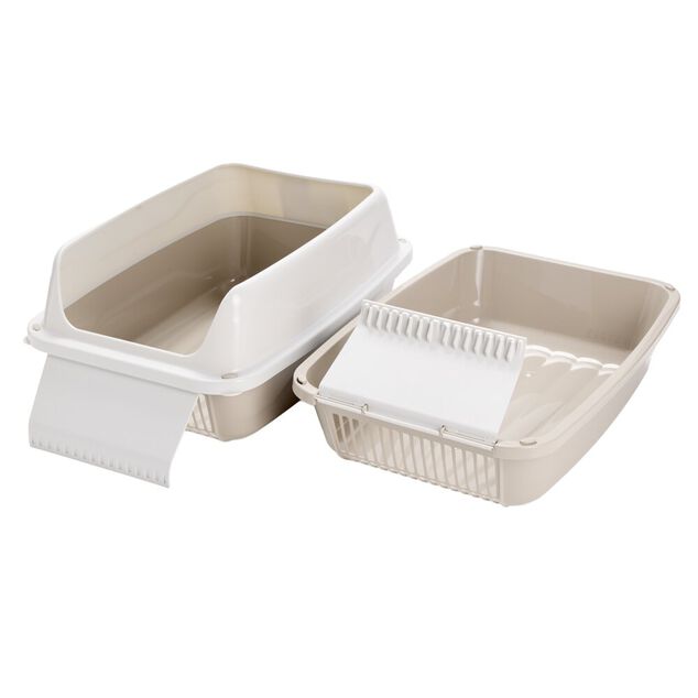 Bac &agrave; liti&egrave;re avec syst&egrave;me de nettoyage plastique beige et blanc 56x40xH25cm