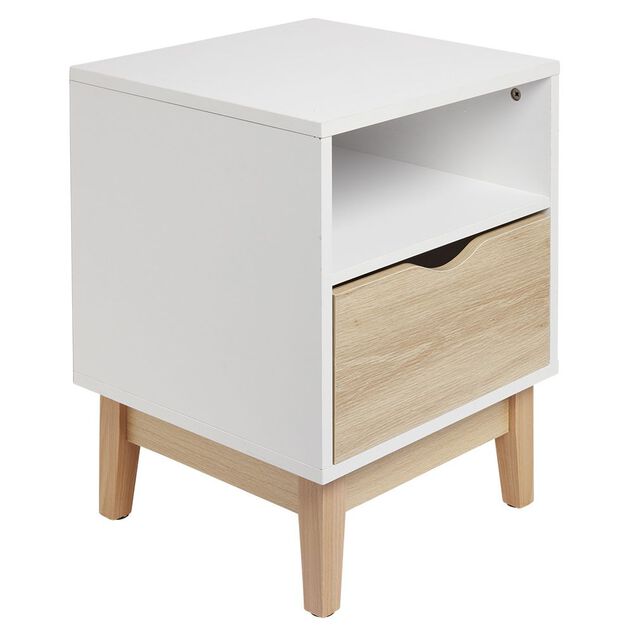 Table de chevet Lida 1 tiroir 1 niche pieds en pin blanc et naturel