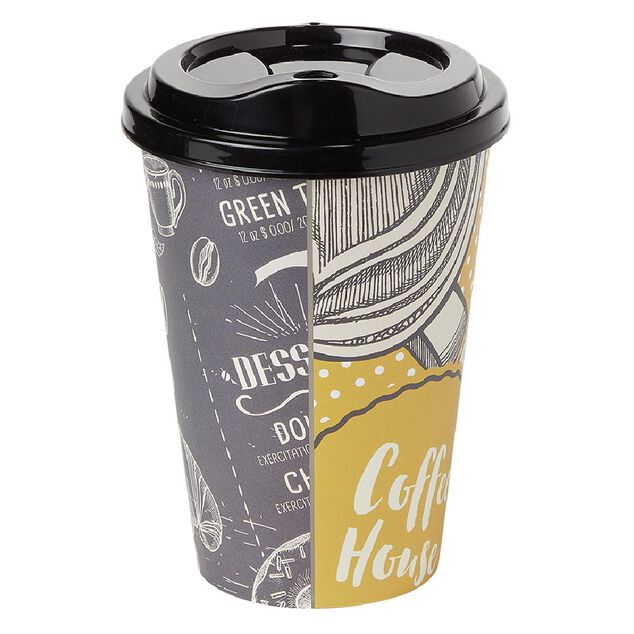 Mug &agrave; motifs couvercle noir 500ml - plastique &Oslash;9xH14cm