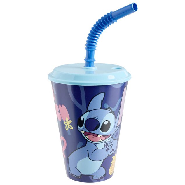 Verre enfant gourde paille Stitch plastique bleu 430ml