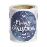 Rouleau étiquette autocollante Merry Christmas iridescent bleu Ø3cm x50