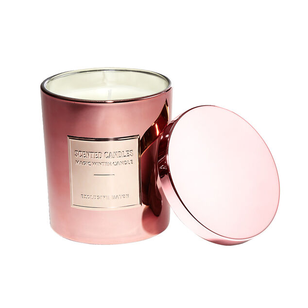 Bougie avec couvercle pot m&eacute;tallis&eacute; rose gold senteur pain d'&eacute;pices 25H