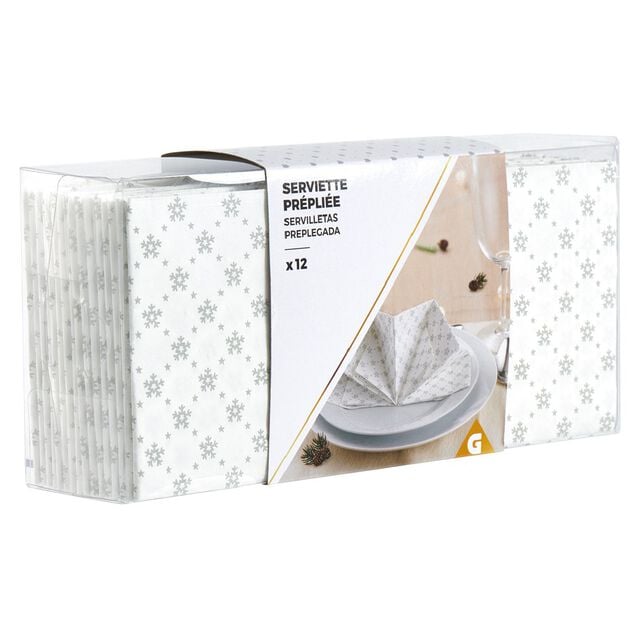 Serviette de table pr&eacute;-pli&eacute;e flocons argent&eacute;s x12