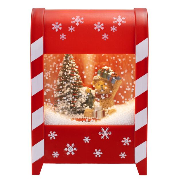 Bo&icirc;te aux lettres anim&eacute;e int&eacute;rieur P&egrave;re No&euml;l et sapin avec neige 13x9,5xH19cm