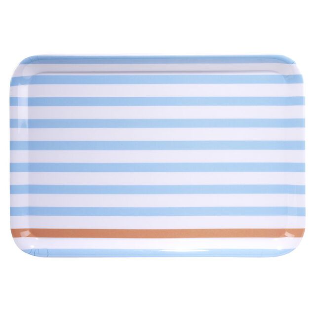 Plateau rectangulaire ray&eacute; bleu blanc liser&eacute; orange plastique 45x31cm
